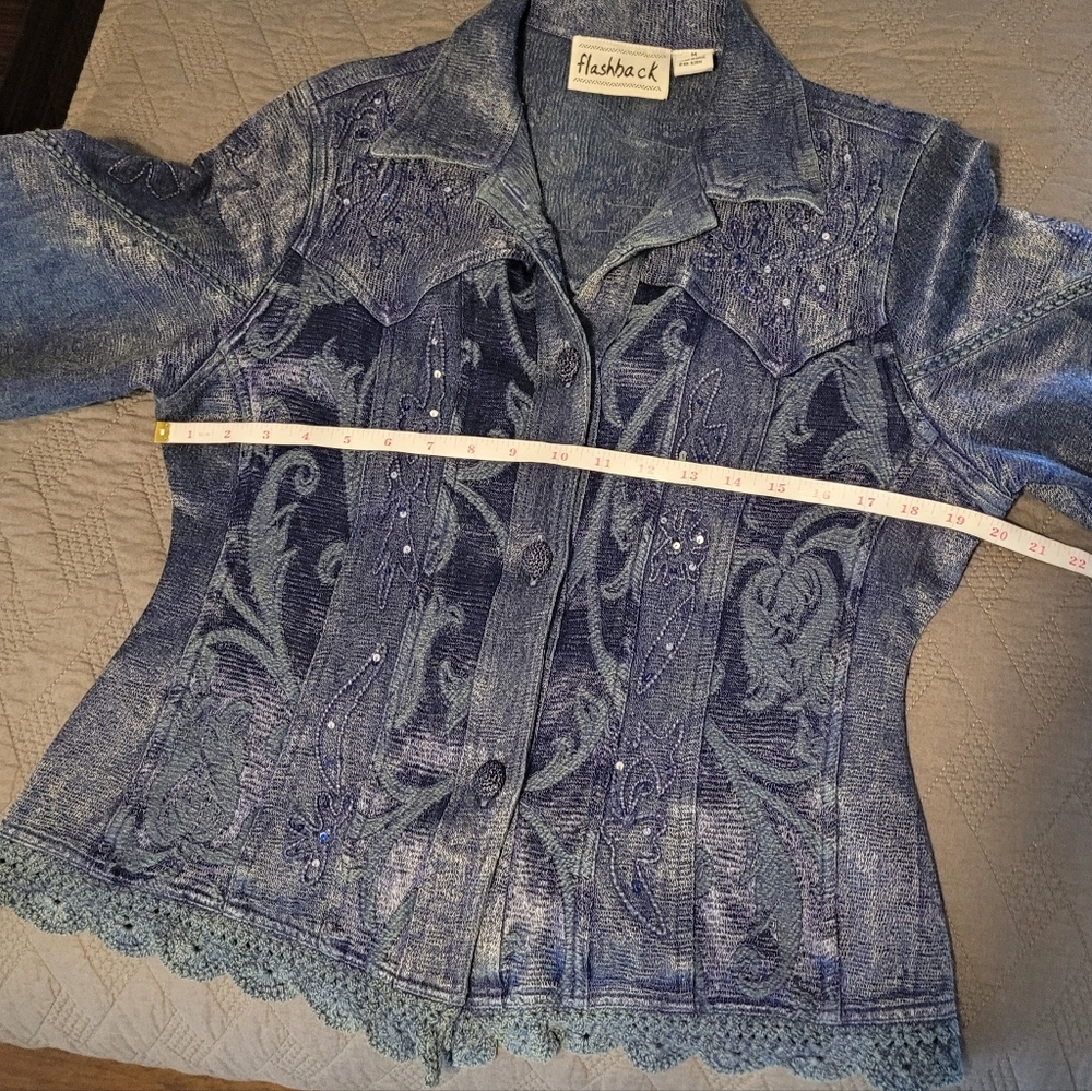 Vintage Flashback Couture Stylish Metallic Blue Embroidered Jacket Boho Medium - Picture 7 of 9
